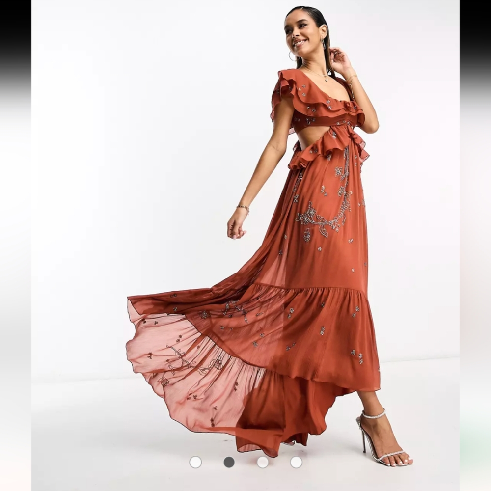 ASOS DESIGN scatter embellished ruffle off-shoulder cut-out midi dress in rust
